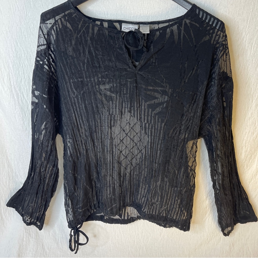 Chico's Sheer Abstract Botanical Print Lace-Up Long Sleeve Blouse Size 1